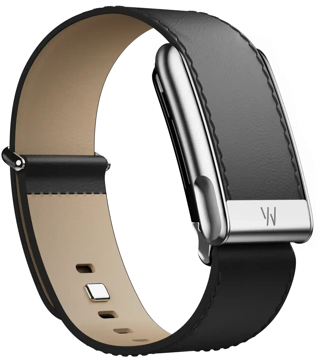 Smartwatch with black leather strap on a white background
