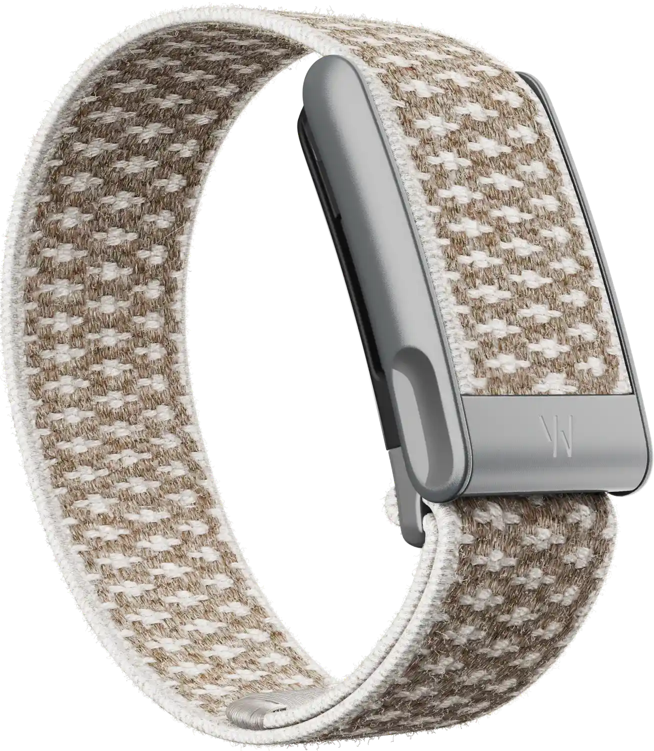 Woven band with metallic clasp on a white background