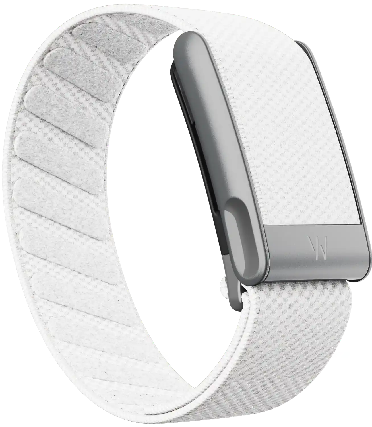 White smartwatch band with metallic clasp on a white background