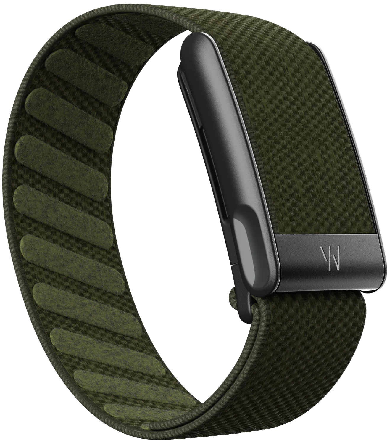 Green watch strap with black clasp on a white background