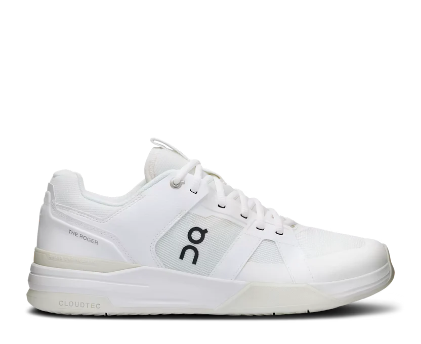 White athletic shoe with brand logo on a white background