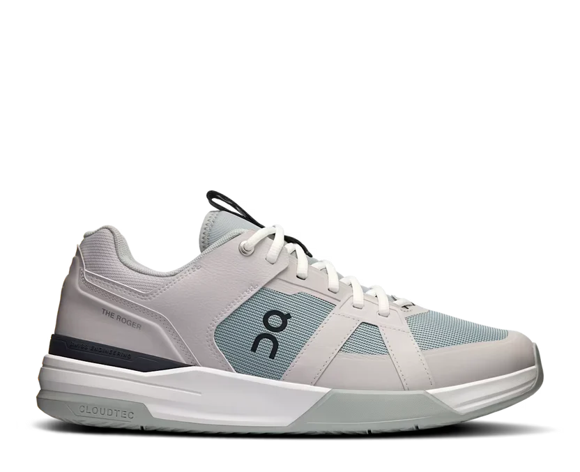 White athletic shoe with gray accents on a white background