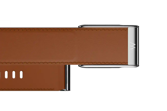Brown leather strap with silver buckle on a white background