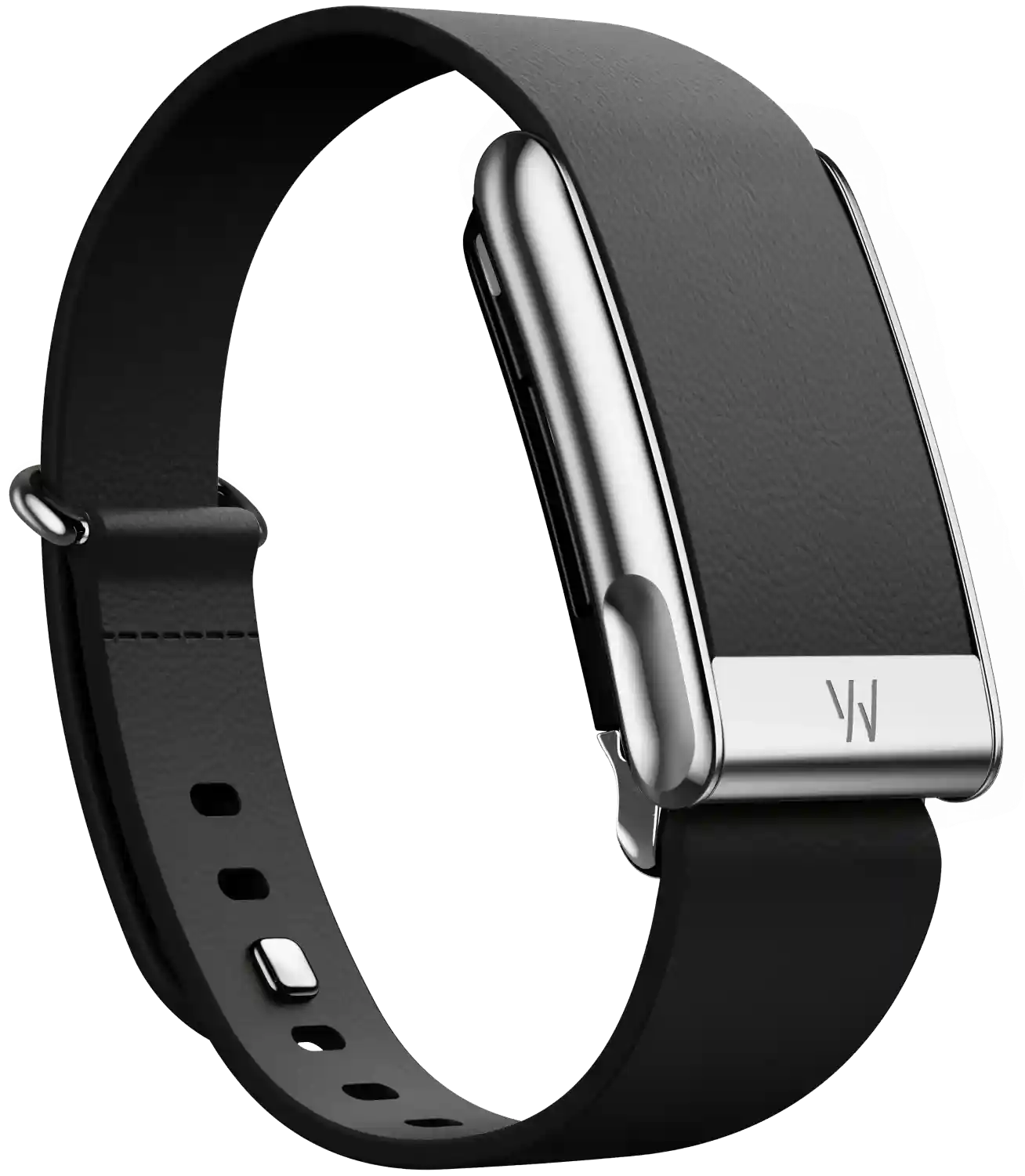 Black smartwatch with silver band on a white background