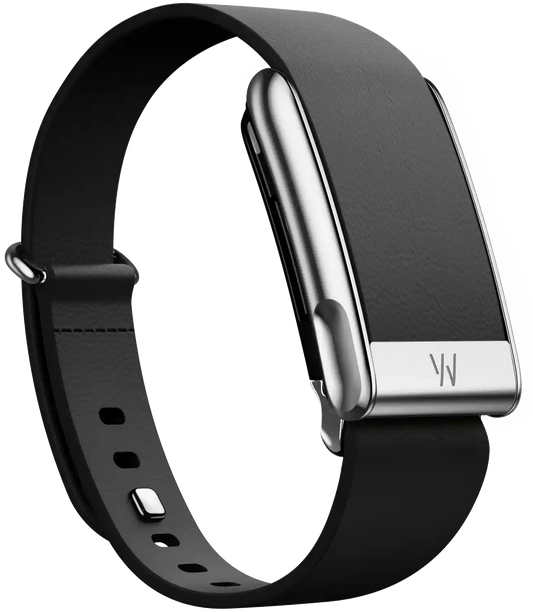 Black smartwatch with silver band on a white background