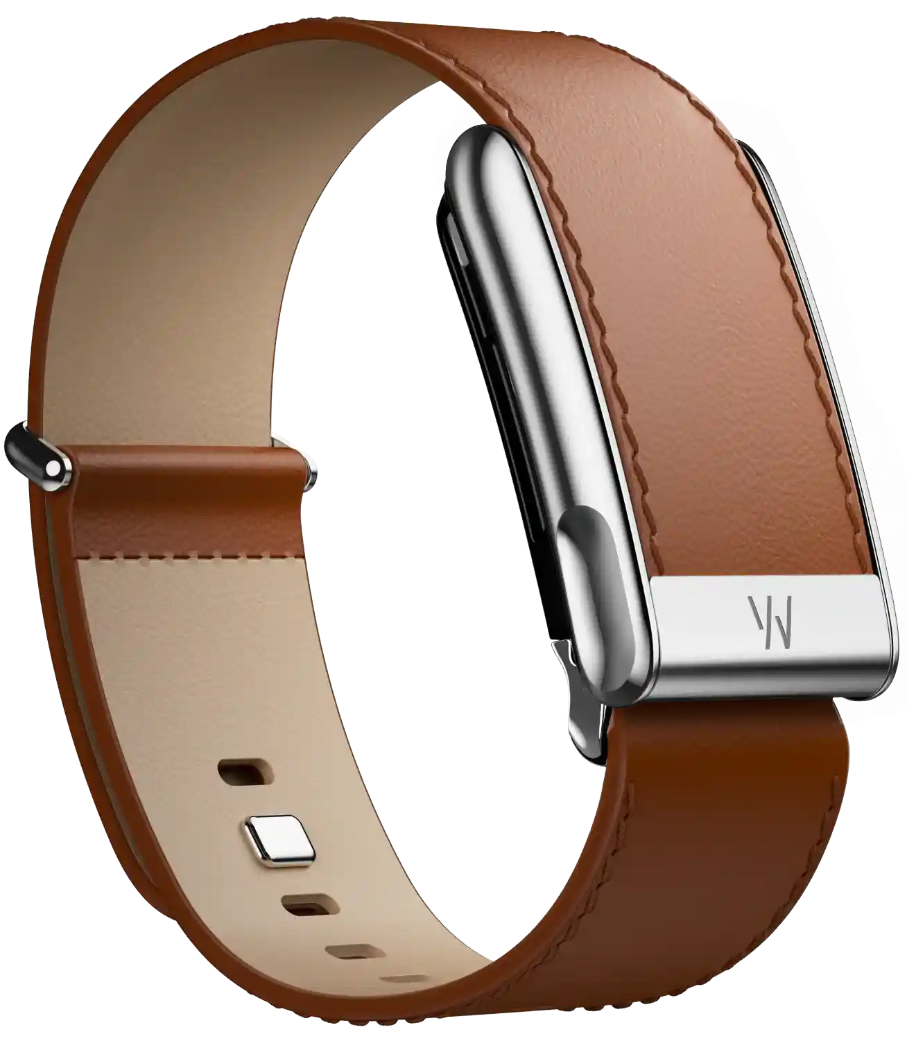 Brown leather watch strap with silver clasp on a white background