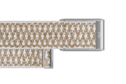Close-up of a woven belt with a metal buckle on a white background