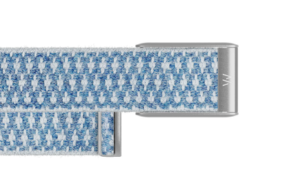 Blue and white patterned belt with a silver buckle on a white background