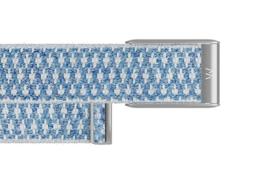 Blue and white patterned belt with a silver buckle on a white background