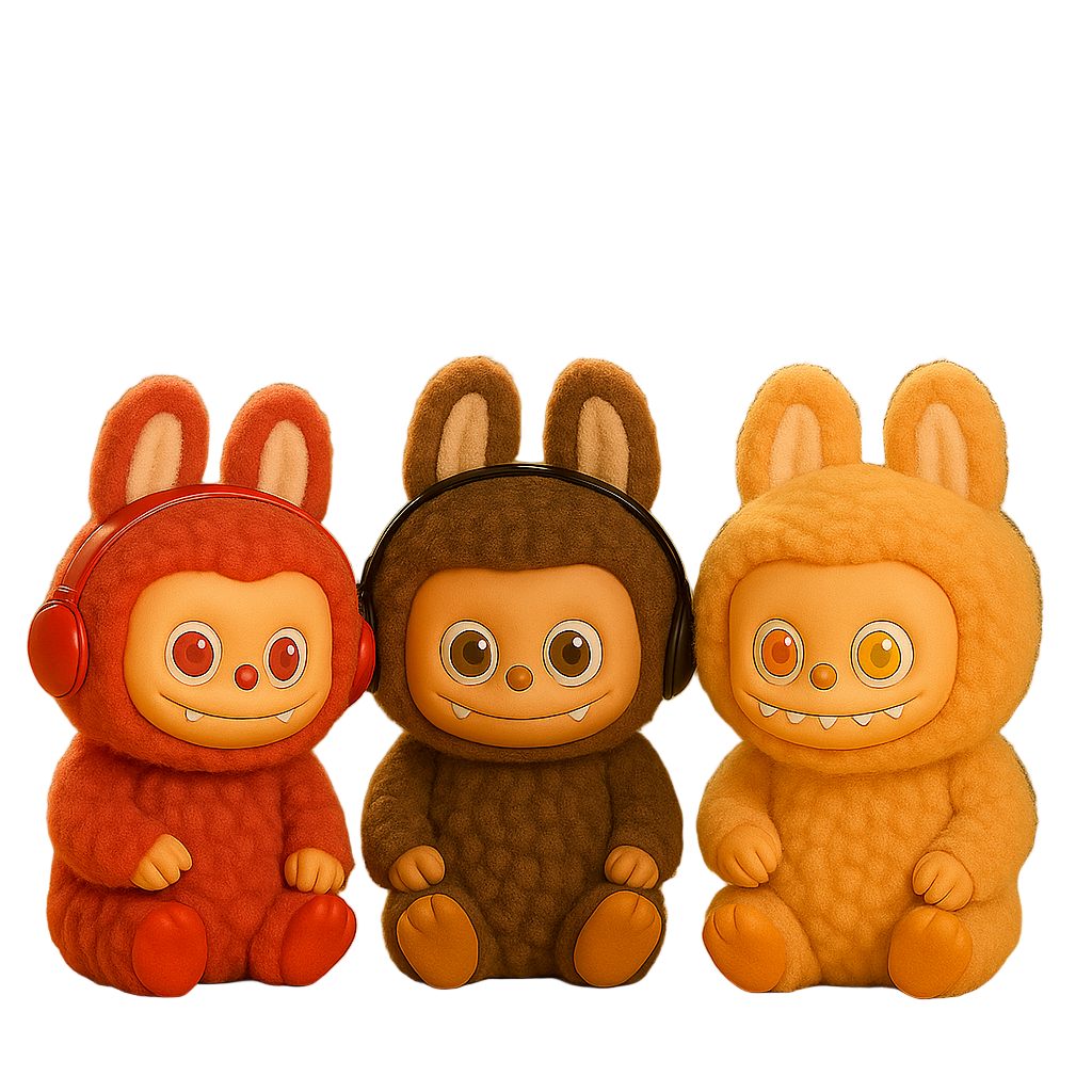 Three colorful plush toys with animal ears and headphones on a wooden surface.