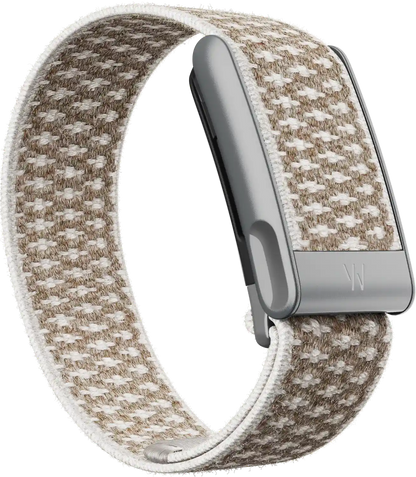 Woven band with metallic clasp on a white background