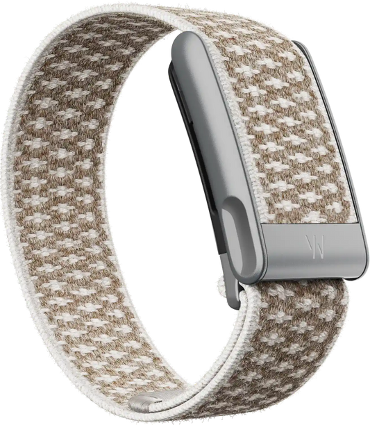 Woven band with metallic clasp on a white background