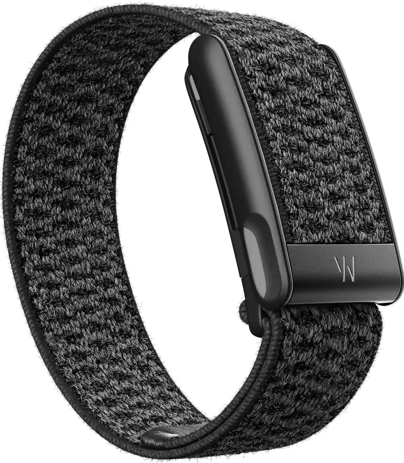 Black woven smartwatch band with metallic clasp on a white background