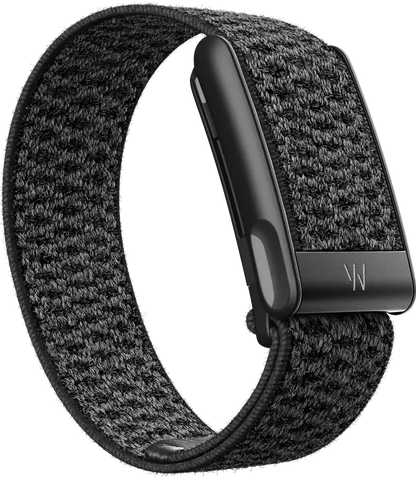 Black woven smartwatch band with metallic clasp on a white background