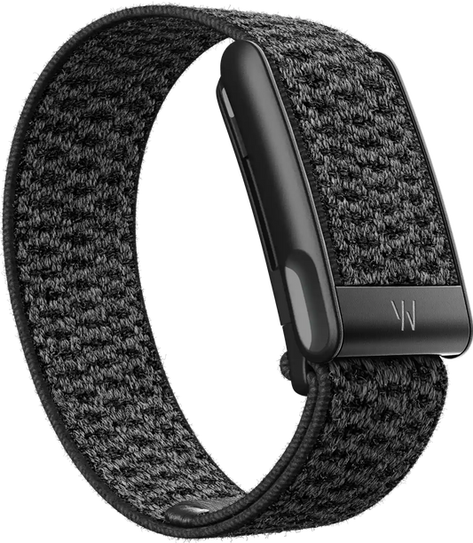 Black woven smartwatch band with metallic clasp on a white background
