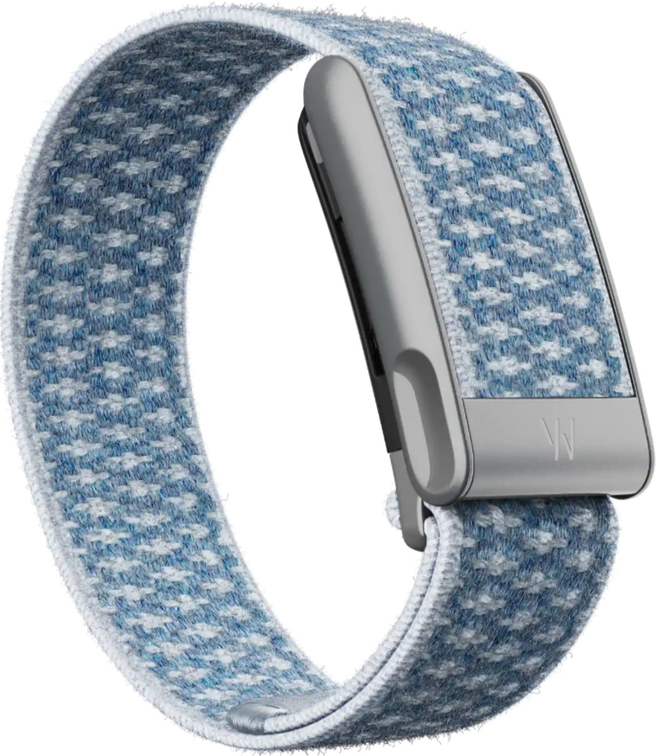 blue and gray band with metallic clasp on a white background