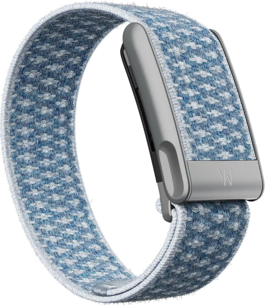 blue and gray band with metallic clasp on a white background