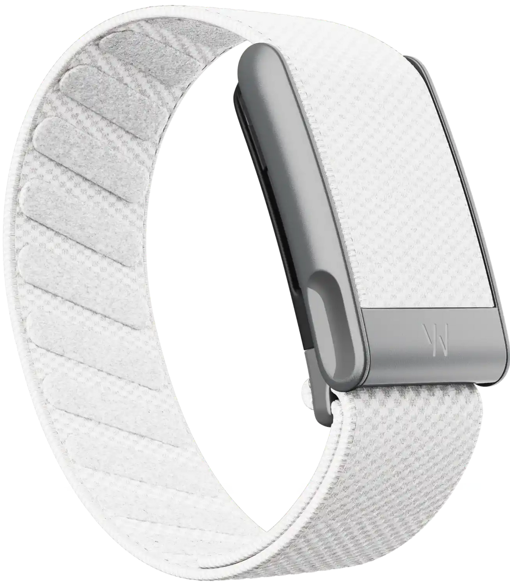 White smartwatch band with metallic clasp on a white background
