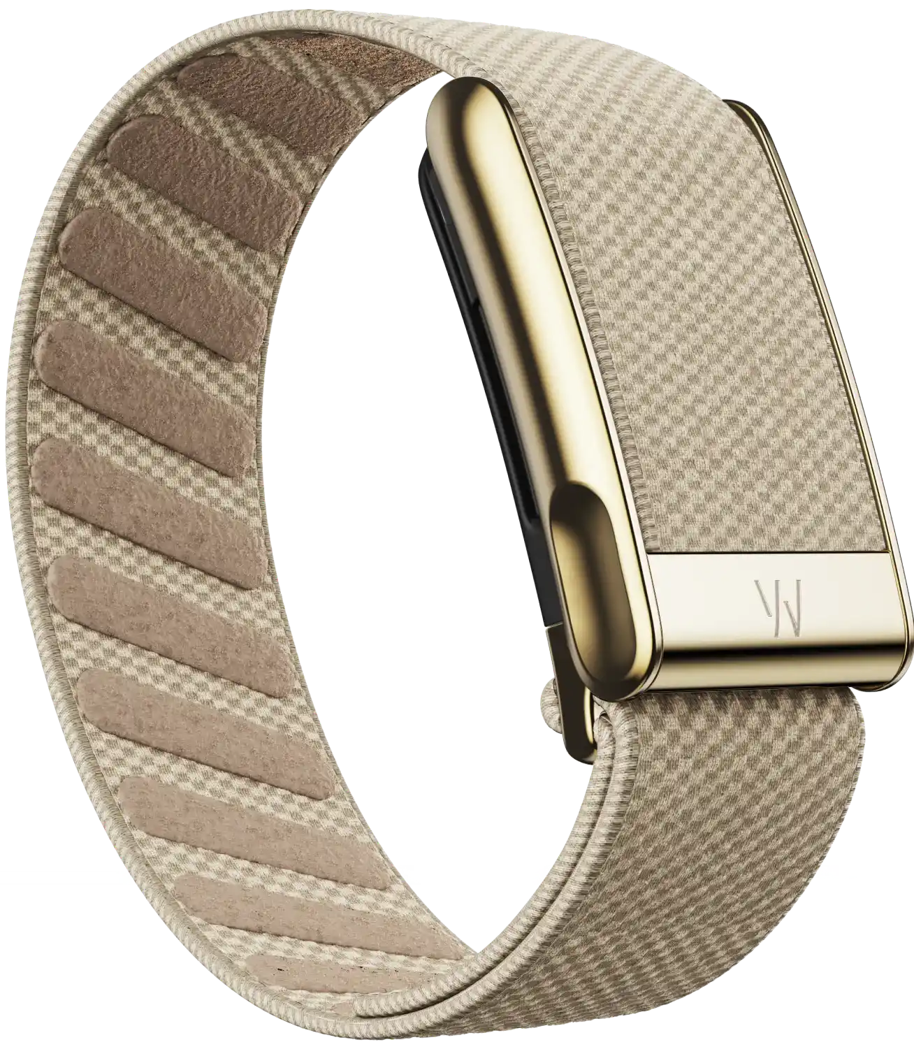 Beige fabric watch strap with gold buckle on a white background