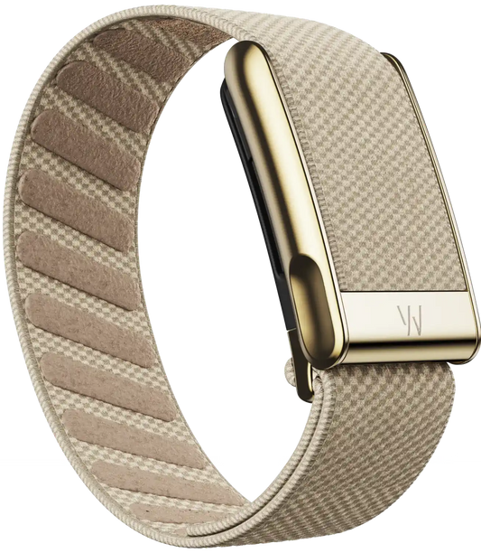 Beige fabric watch strap with gold buckle on a white background