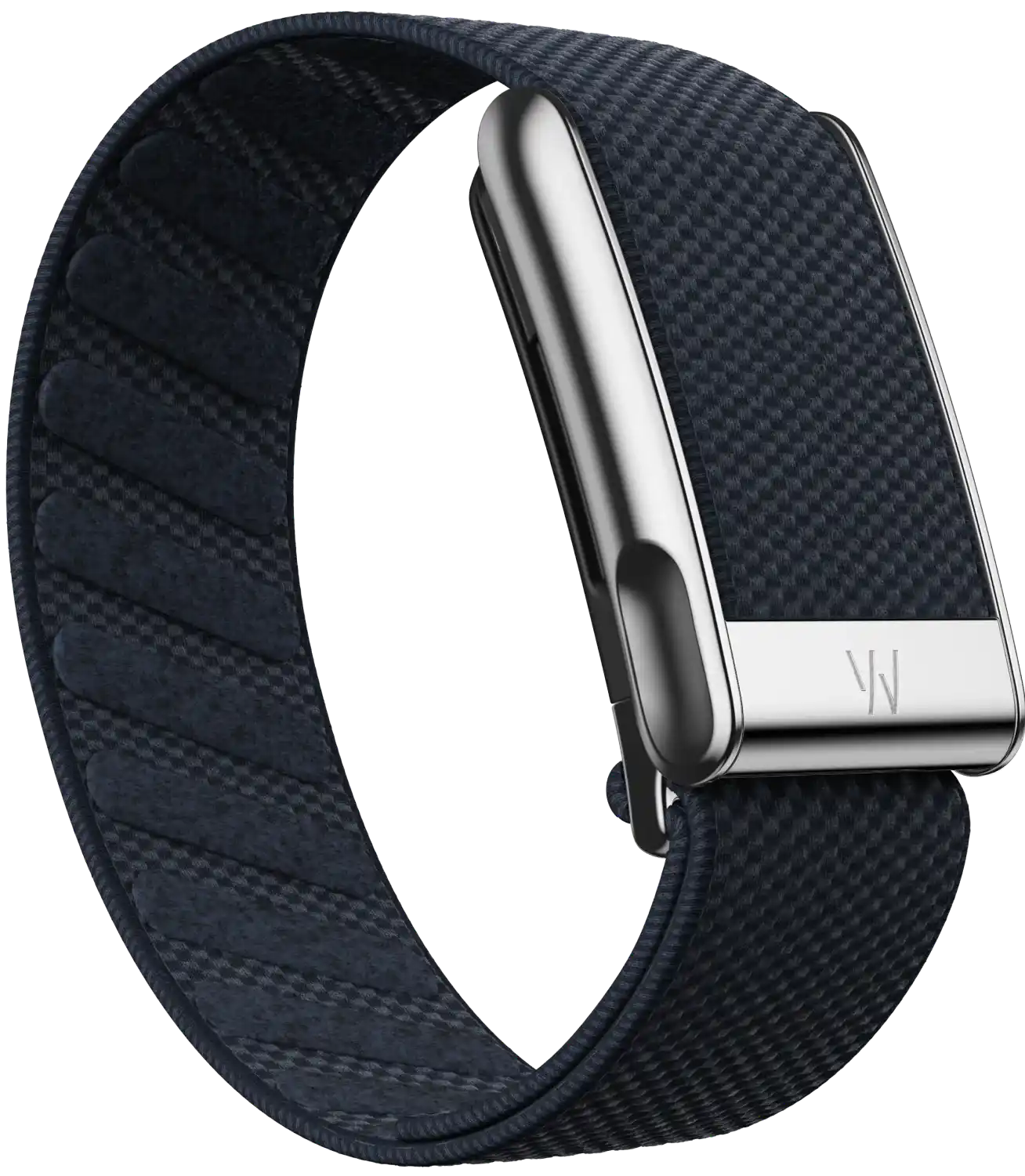 Navy blue watch strap with silver clasp on a white background