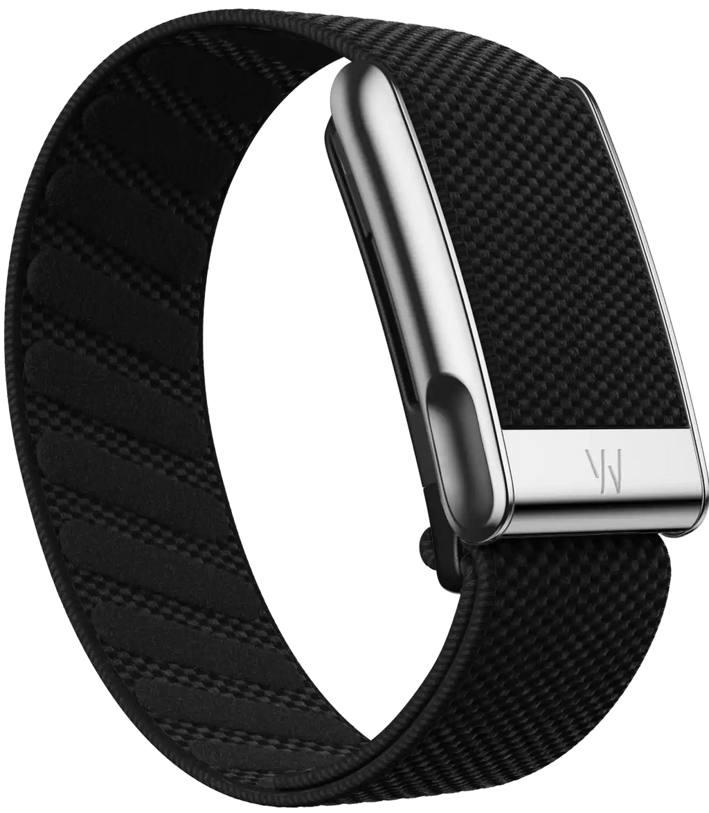Black woven watch strap with silver buckle on a white background