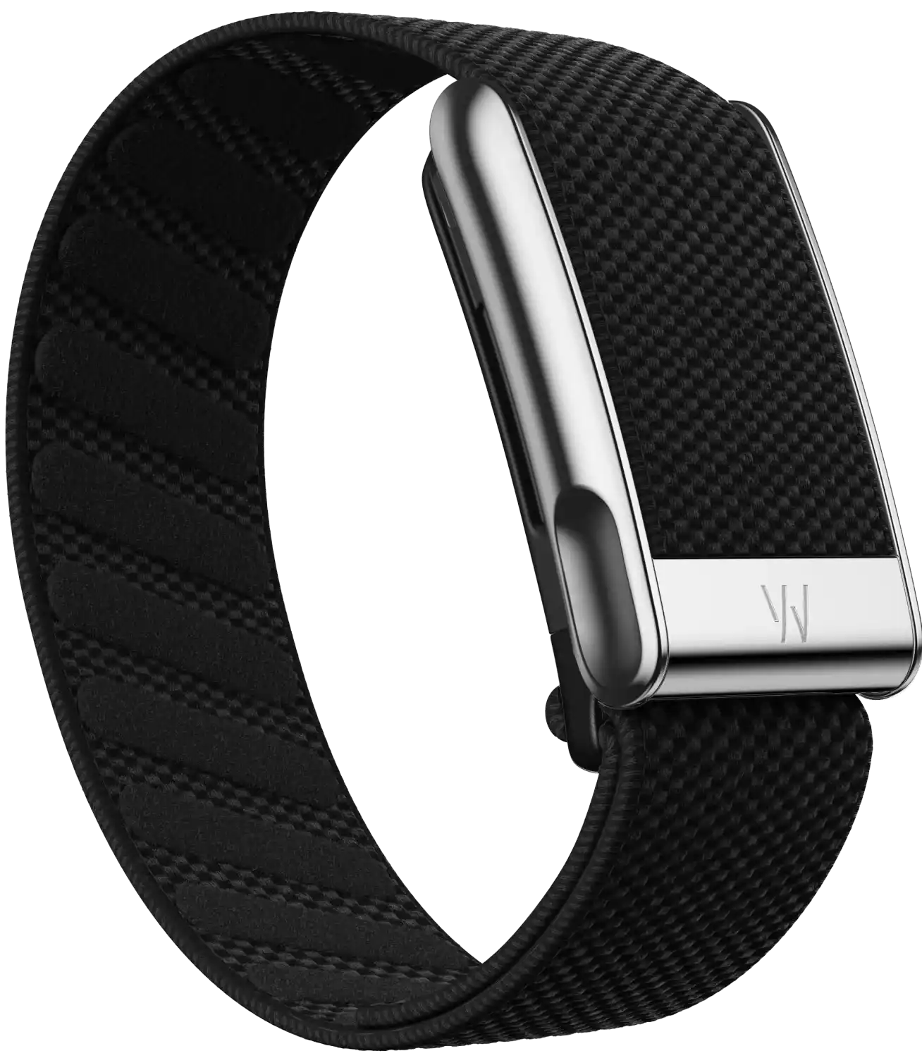 Black woven watch strap with silver buckle on a white background
