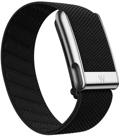 Black woven watch strap with silver buckle on a white background