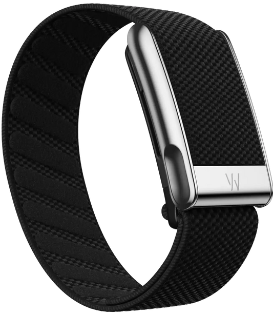 Black woven watch strap with silver buckle on a white background