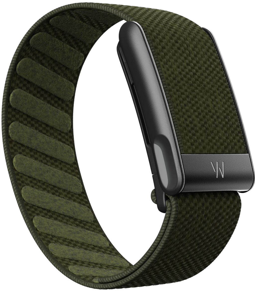 Green watch strap with black clasp on a white background