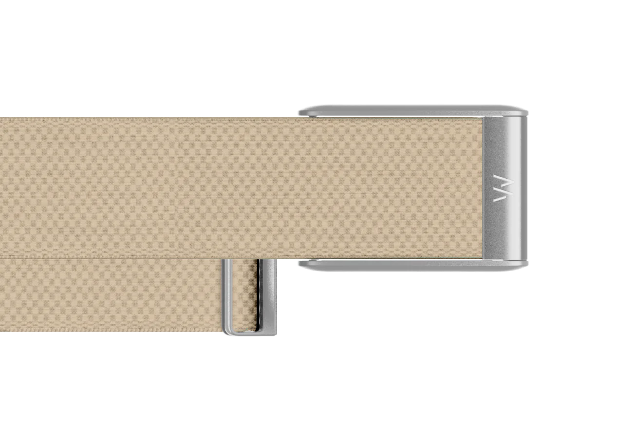 Beige belt with silver buckle on a white background