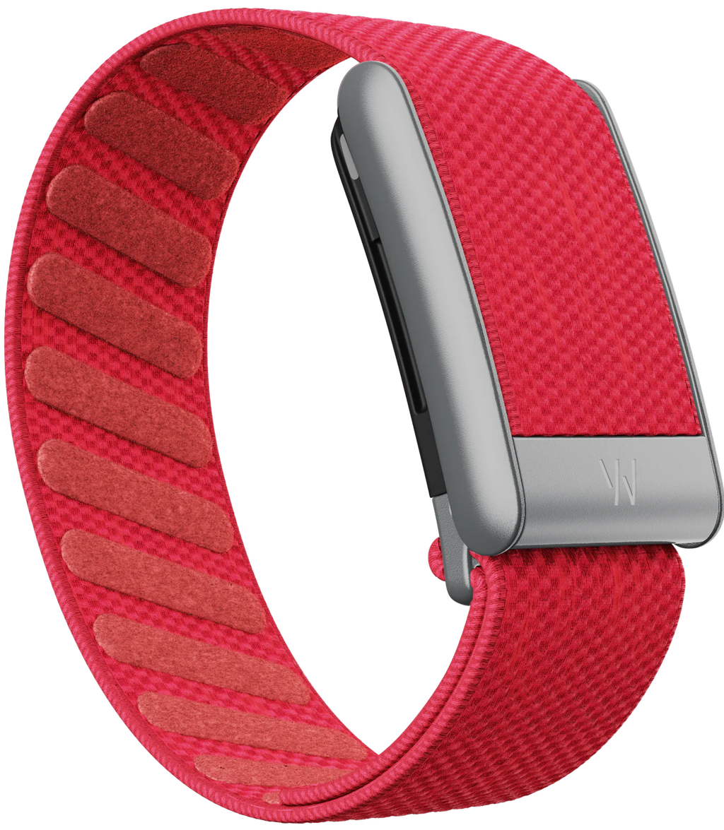 Red woven smartwatch band with silver clasp on a white background