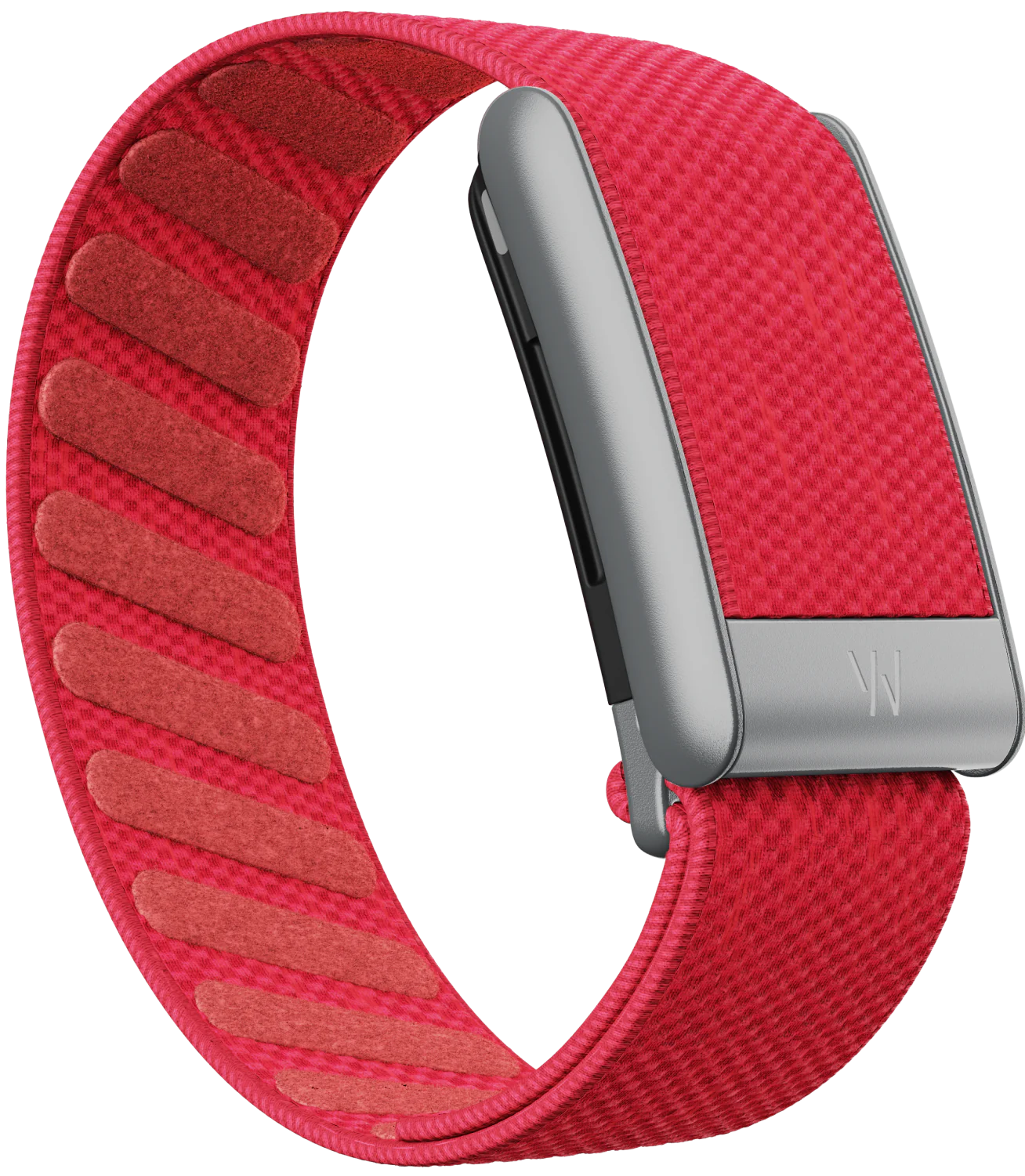 Red woven smartwatch band with silver clasp on a white background