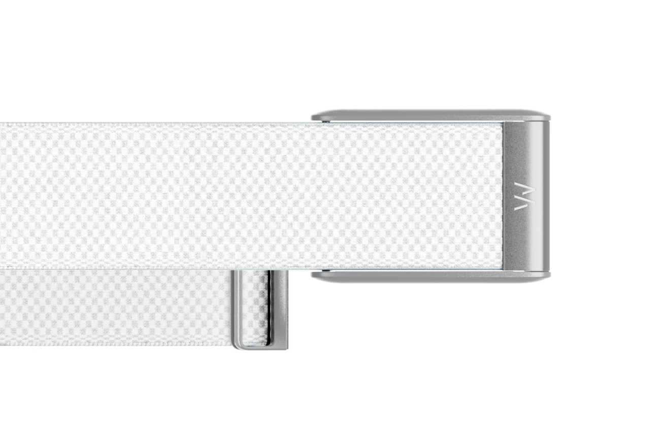 Close-up of a white mesh belt with a silver buckle on a white background