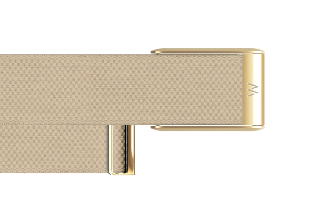 Beige belt with gold buckle on a white background