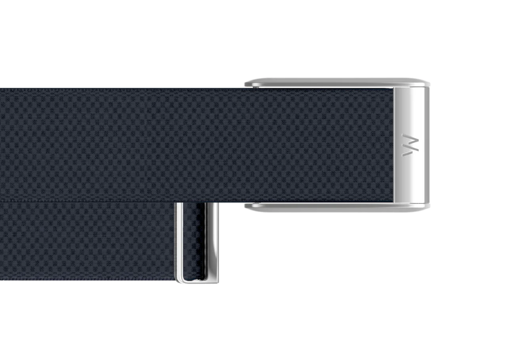 Navy belt with a silver buckle on a white background