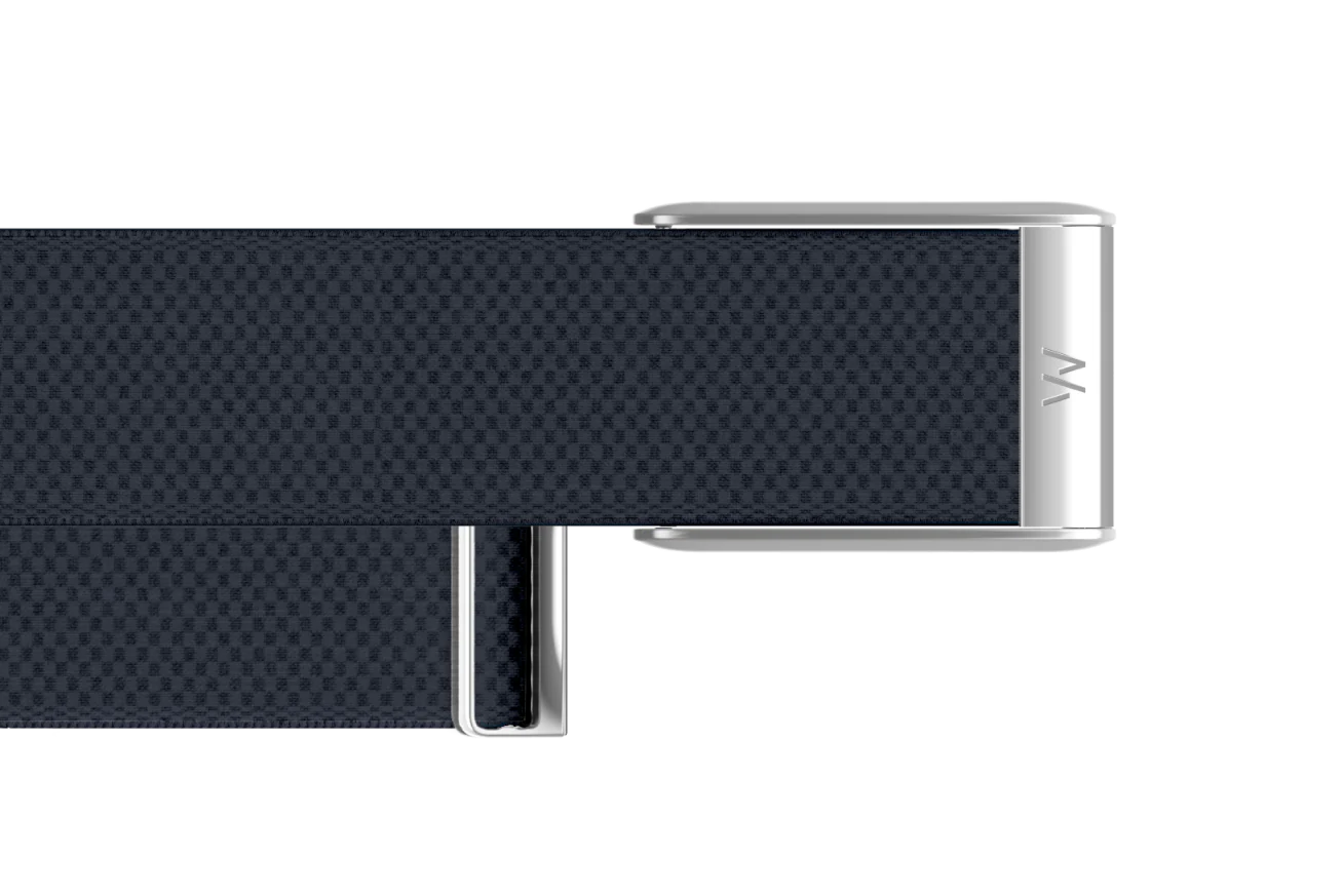 Navy belt with a silver buckle on a white background