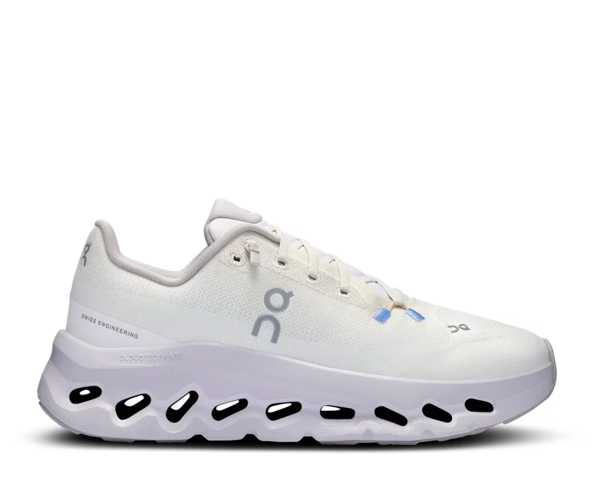 White running shoe with brand logo on a white background