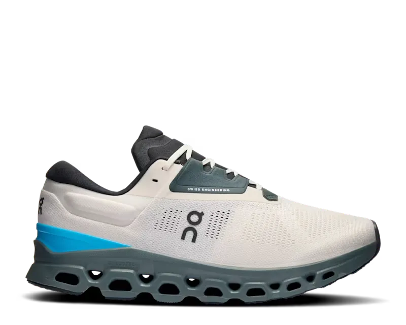White running shoe with blue accent on a white background