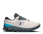 White running shoe with blue accent on a white background