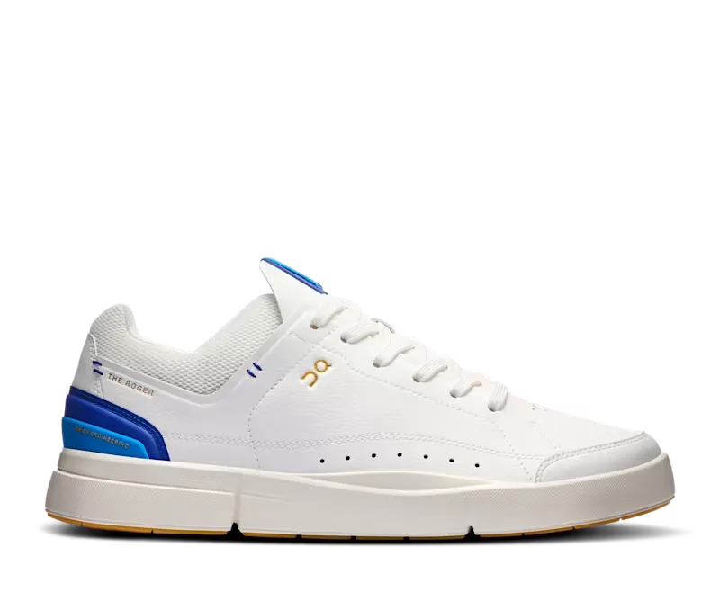 White sneaker with blue accents on a white background