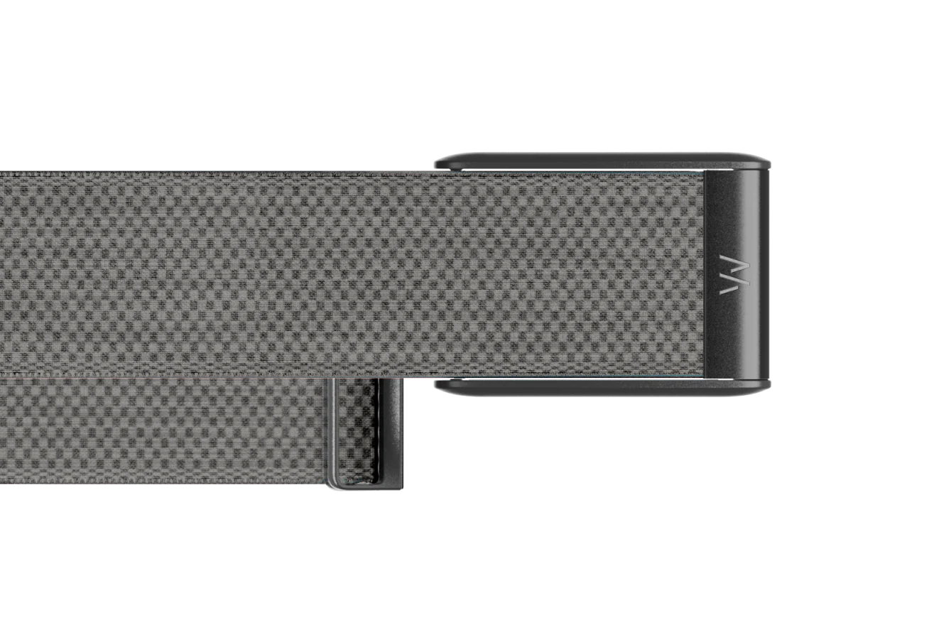 Carbon fiber belt with a metallic buckle on a white background
