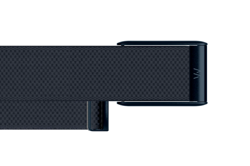 Black belt with a textured strap on a white background