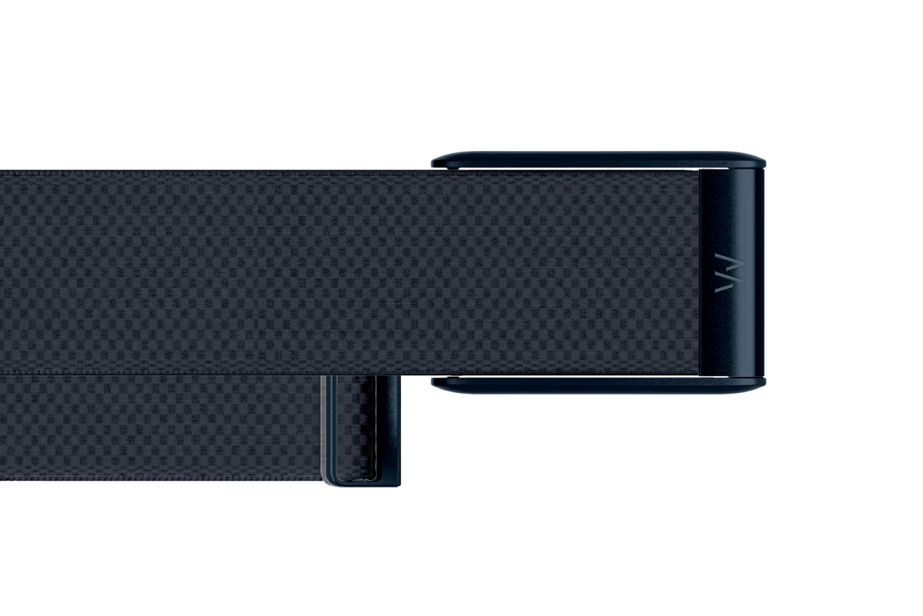 Black belt with a textured strap on a white background